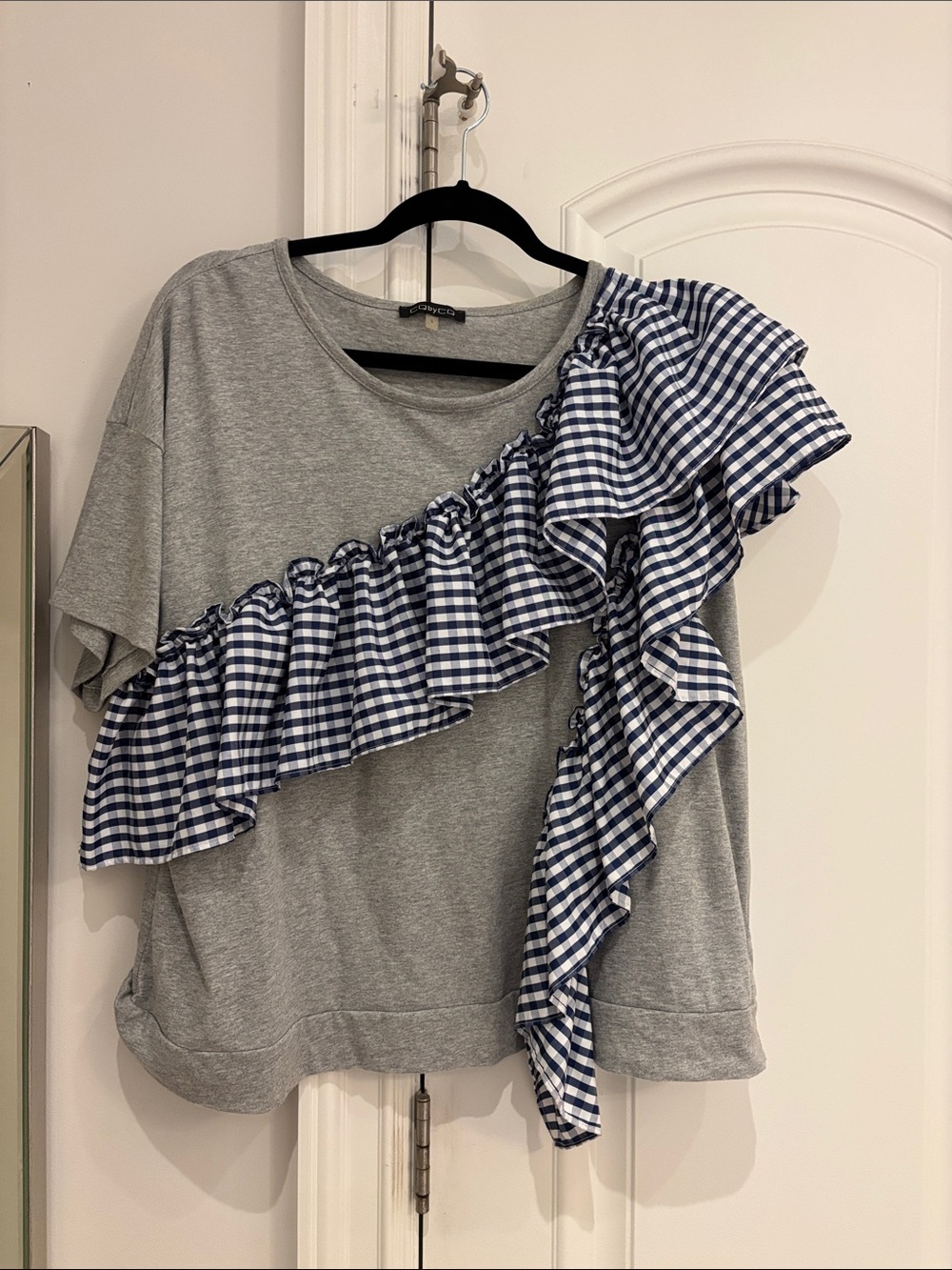 Gray Sweatshirt with Navy Gingham Ruffle - Women's Casual Top